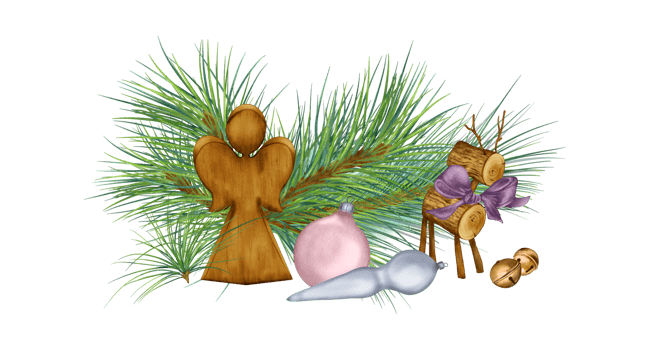 Christmas bells, conifer branch, wooden angel digital illustration watercolor style. Christmas symbol, decoration hand drawn. Element for design new year 2024, greeting card. png