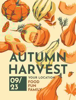 poster with harvest of autumn pumpkin. Halloween, thanksgiving, farm festival poster, text card. Vector flat illustration