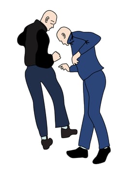 Gabbers dancing hakkuh dance. Gabba style. Men with shaved head in sweatpants and sneakers. Youth subculture comes from the 80-90s. Vector isolated illustration.