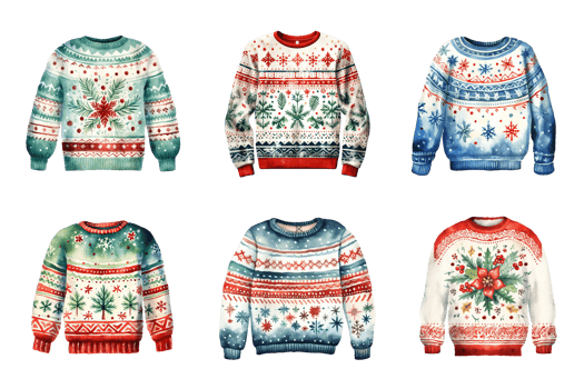 Generative AI, PNG Set of Christmas ugly sweater, watercolor style