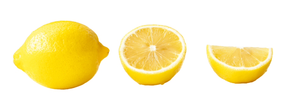 Single whole fresh beautiful yellow lemons with half slice isolated with clipping path in png file format