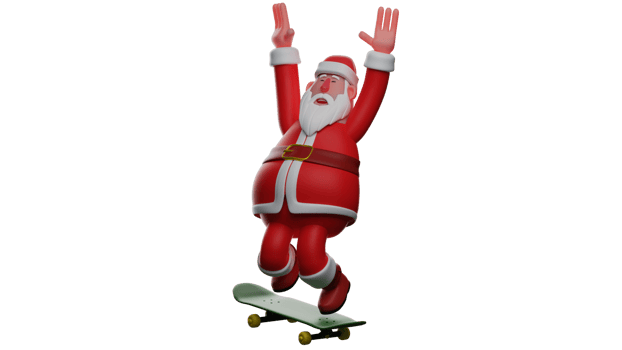 3D illustration. Cheerful Santa 3D Cartoon Character. Santa rides a skateboard while stretching his arms up. Happy smiling Santa Claus enjoying the game. 3D Cartoon Character png