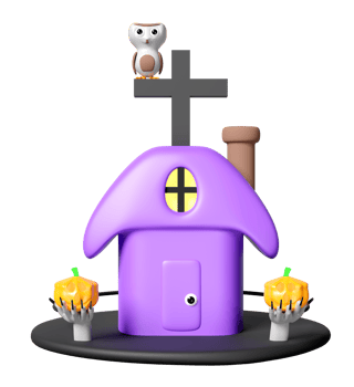 3d happy halloween day with haunted house, cute owl perched on cross, zombie hand holding a pumpkin lantern isolated. holiday party, 3d render illustration png