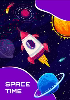 Space travel banner, cartoon vector vertical card