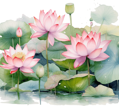Watercolor light pink water-lilly flower in pond with branch and round leaves png