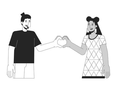 Couple heart hands flat line black white vector characters. Man and woman. Heart gesture. Editable outline half body people on white. Simple cartoon isolated spot illustration for web graphic design