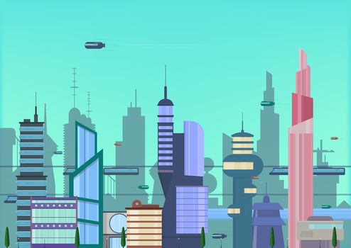 future city flat illustration. urban cityscape template with modern buildings and futuristic traffic. banner for web design. vector