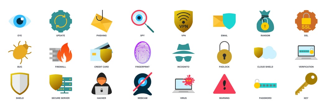 cyber security icon set, Included icons as Shield, Password, Bug and more symbols collection, logo isolated vector illustration
