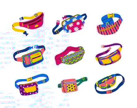 Cartoon Color Different Waist Bag Toes Icon Set. Vector