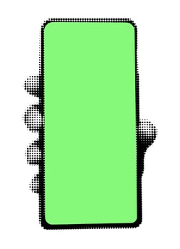 Halftone hand holding phone vertically vector illustration