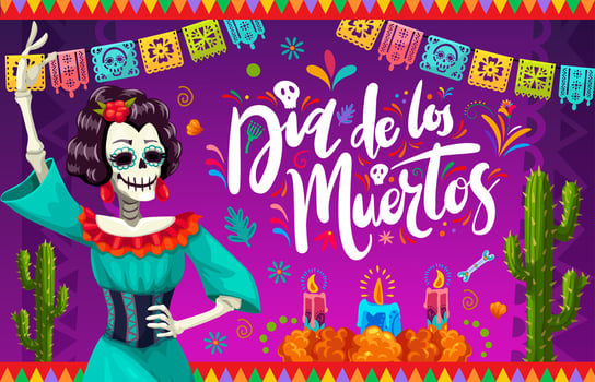 Mexican Day of Dead holiday Catrina and flowers vector