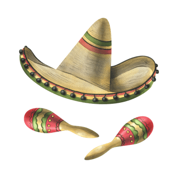 Sombrero hat with red and green pattern with Mexican maracas. Watercolor illustration hand drawn. Set of isolated elements png