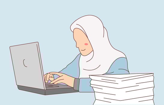 woman wearing hijab working on a laptop illustration vector
