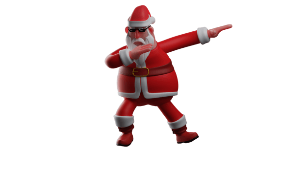 3D illustration. Charming Santa Claus 3D Cartoon Character. Santa with DAB pose. Santa holds the candy cane he brought at Christmas celebrations. Santa wears a black sunglasses. 3D Cartoon Character png