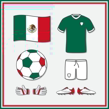 Mexico Football Cartoon Vector Illustration. Football Jersey And Football Ball Flat Icon Outline