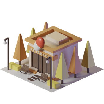 Pharmacy isometric building with  two chairs in front and trees and street lights png