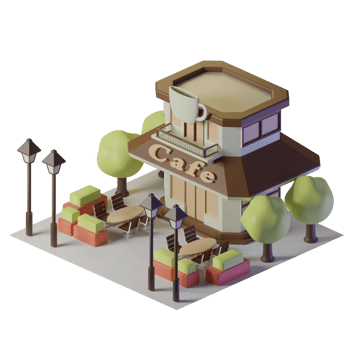 Cafe isometric building with two tables in front and trees and street lights png