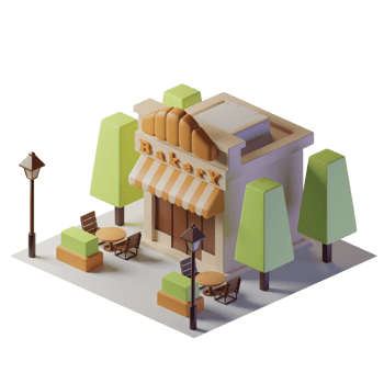 Bakery isometric building with two tables in front and trees and street lights png