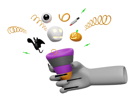 3d halloween holiday party with zombie hand holding explosion firecracker, carved pumpkin, skull, knife, eyeball isolated. 3d render illustration png