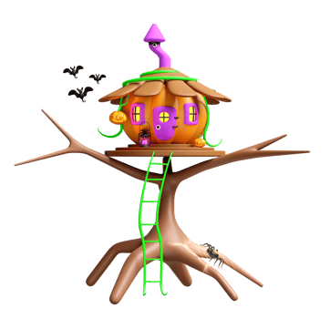 3d halloween holiday party with pumpkin house on tree, spider and spider web, vine ladder, storm lantern, carved pumpkin isolated. 3d render illustration png