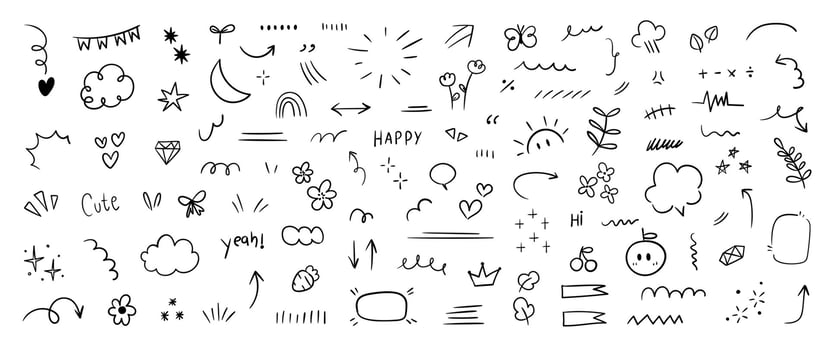 Set of cute pen line doodle element vector. Hand drawn doodle style collection of speech bubble, arrow, rocket, butterfly, crown, heart. Design for decoration, sticker, idol poster, social media. vector