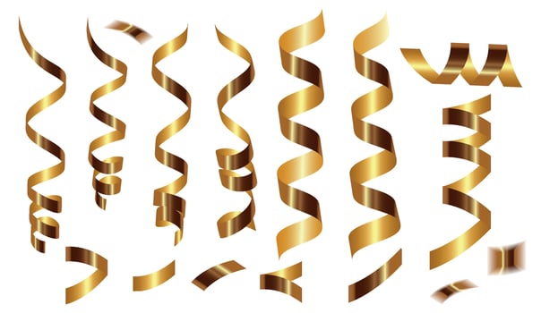 Gold shiny gradient twisted ribbons set. Decoration for carnival party, holiday event, New Year, Christmas, Wedding ceremony. serpentine and confetti isolated on transparent background. illustration vector