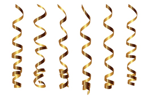Gold shiny gradient twisted ribbons set. Decoration for carnival party, holiday event, New Year, Christmas, Wedding ceremony. serpentine and confetti isolated on transparent background. illustration vector
