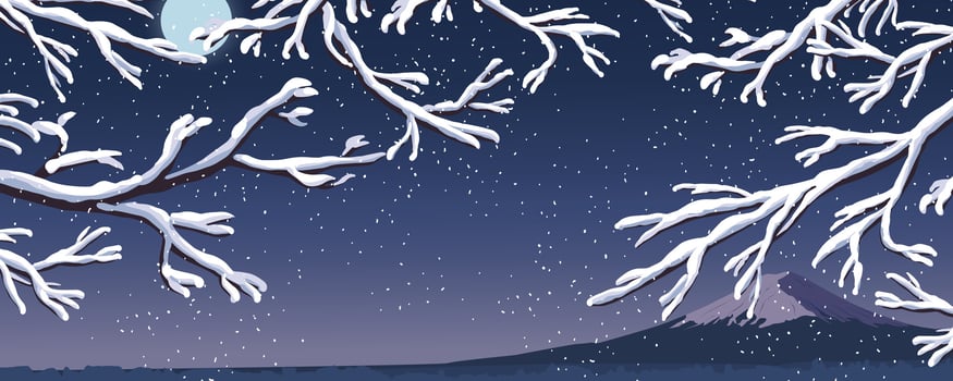 Horizontal vector winter illustration. Bare tree branches are covered with white snow on Mount Fuji. Snowfall in the night forest. Cartoon style. Vector.
