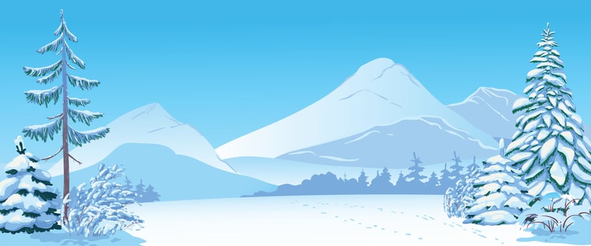Winter scene with white snow. Vector illustration. Snow-covered trees against the backdrop of forests and mountains. Snowdrifts sparkling in frost and frozen firs. Christmas horizontal scene.