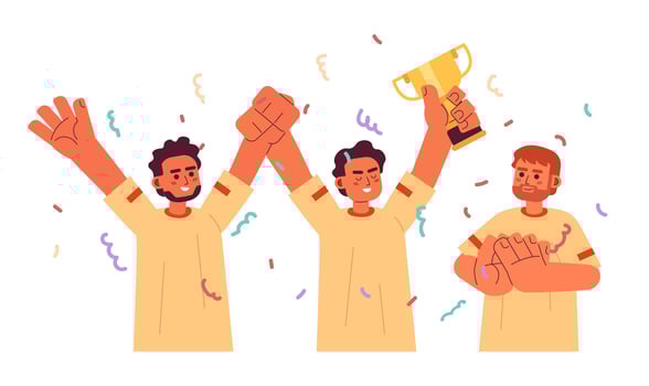 Men celebrating victory flat concept vector spot illustration. Winning. Teammates with cup. Party with confetti 2D cartoon characters on white for web UI design. Isolated editable creative hero image