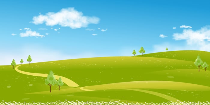 Spring Landscape Green fields,Mountain,Blue Sky and Clouds Background,Horizon peaceful rural nature Sunny day Summer with grass land.Cartoon Vector illustration for Spring and Summer banner