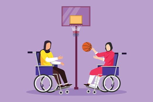 Graphic flat design drawing joyful disabled young Arabian woman in wheelchair playing basketball. Adaptive sports for disabled people. Social responsibility concept. Cartoon style vector illustration