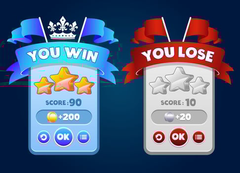 Game UI Board With Scores, WinLose Banners, Stars, gold coin, silver coin, and Buttons vector