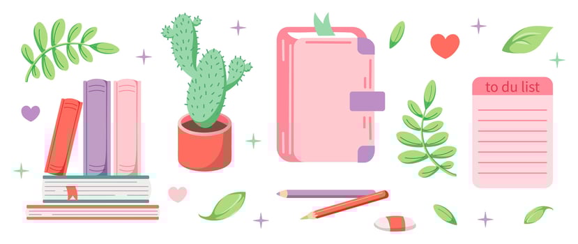 Set diary of girl. Hand drawn stationery element set. School equipment icons. Pink color. Vector Flat illustration.