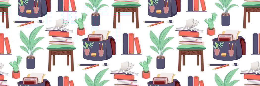 Print School vector seamless pattern. School stationery and different decoration elements. Back to school Flat illustration.