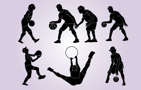 silhouettes and basketball vector set of players