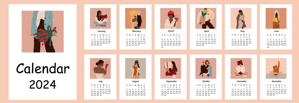 2024 calendar with abstract illustrations women . Calendar planner minimal style, annual organizer. Vector illustration