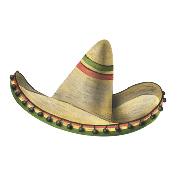 Sombrero straw hat Mexican traditional with red and green pattern with black pom-poms. Watercolor illustration hand drawn. Isolated object png