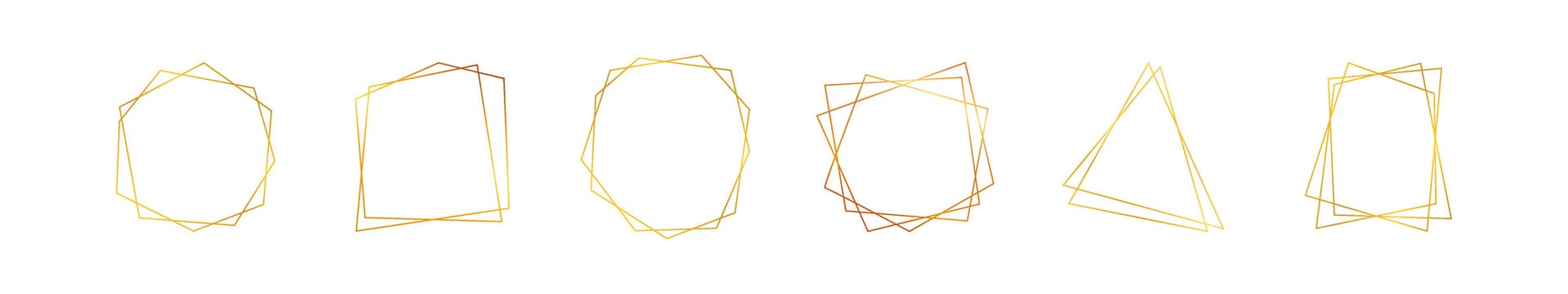 Set of six gold geometric polygonal frames with shining effects isolated on white background. Empty glowing art deco backdrop. Vector illustration.