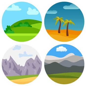 Set of four natural cartoon landscapes at sunny day in circle. Vector illustration.