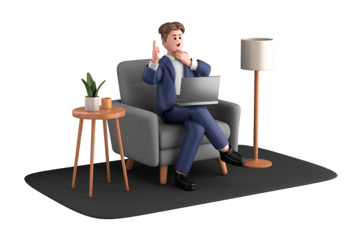 3d businessman executive pose sitting with laptop thinking about idea isolated on transparent background, 3d rendering png
