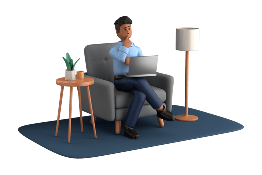 3d businessman executive pose sitting with laptop thinking about idea isolated on transparent background, 3d rendering png