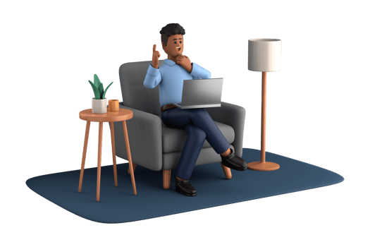 3d businessman executive pose sitting with laptop thinking about idea isolated on transparent background, 3d rendering png