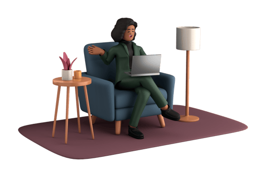 3d business woman executive pose sitting with laptop thinking about idea isolated on transparent background, 3d rendering png