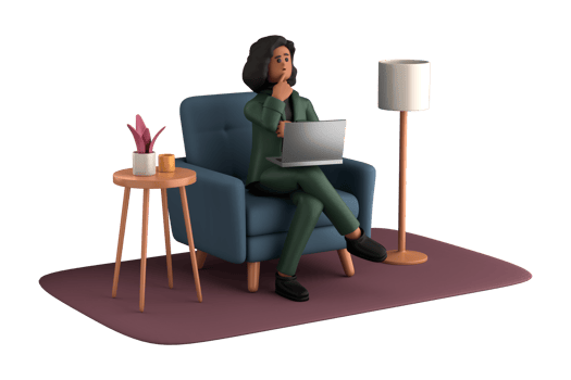 3d business woman executive pose sitting with laptop thinking about idea isolated on transparent background, 3d rendering png
