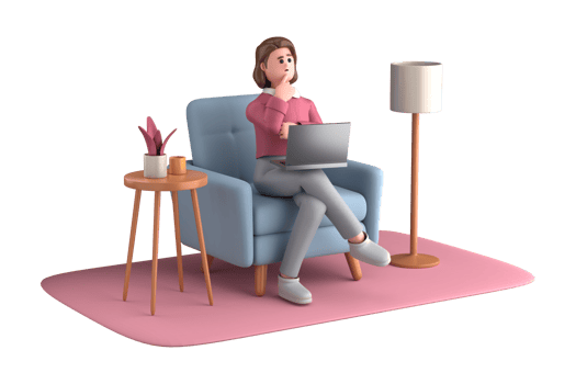 3d business woman executive pose sitting with laptop thinking about idea isolated on transparent background, 3d rendering png