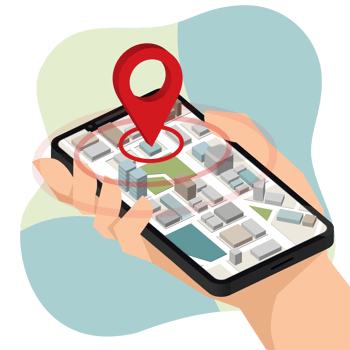 Hand holding mobile smart phone show pin to Isometric Location mobile app. png