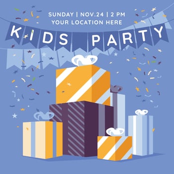 children's birthday greeting, invitation. A set of huge gifts on a blue background. Decoration with flags and confetti. Vector flat illustration