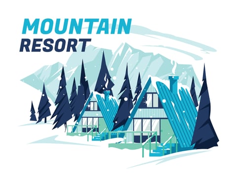 Winter snowy mountain landscape and houses on vector background with snowflakes falling from the sky. Accommodation in a ski resort winter landscape of cold weather among conifers