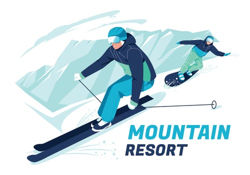 Scene of skier and snowboarder skiing on snow-covered mountain slopes or slopes. Outdoor winter sports. Cartoon flat vector illustration.